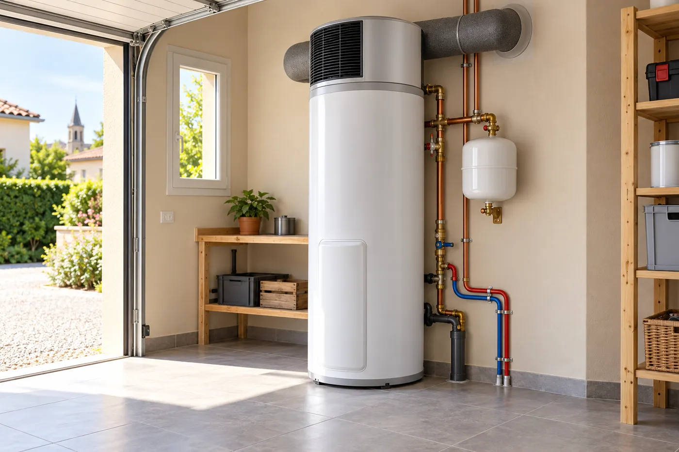 Chauffe-eau thermodynamique installé dans le garage d'une maison des Yvelines